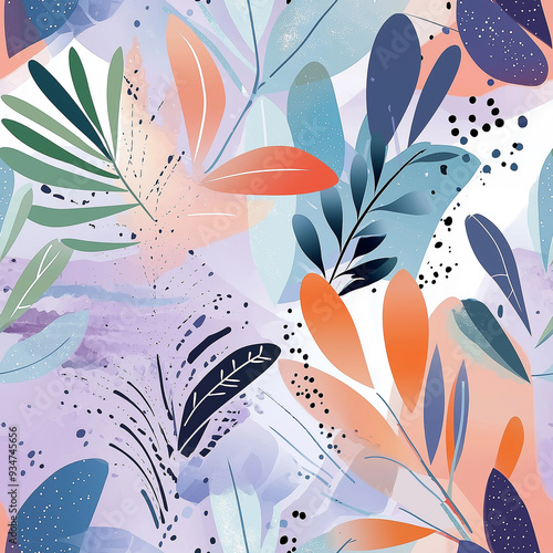 Seamless botanical pattern with pastel leaves and abstract elements. Soft and soothing, perfect for wallpaper, textiles, or home decor.