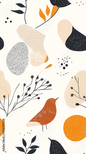 Stylized bird and foliage seamless pattern in orange, black, and beige tones on a light background, suited for nature-inspired designs.