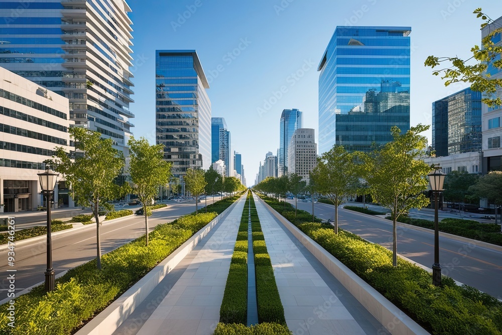 Fototapeta premium Modern Urban Office Structures and Innovative Architecture Along Pristine Avenue