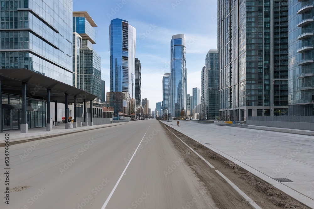 In-Depth Look at an Empty Street Next to Modern Skyscrapers and Urban Architecture In-Depth Look at an Empty Street Next to Modern Skyscrapers and Urban Architecture