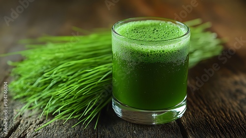 Fresh wheatgrass juice in a glass on a wooden background, capturing the essence of natural health.