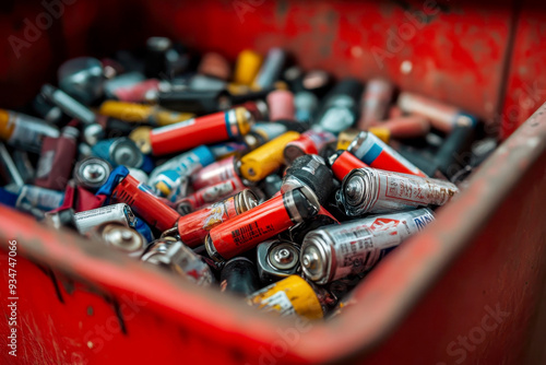 Collection of old used batteries of different sizes about electric waste ,toxic materials from causing harm to ecosystems and human health. photo