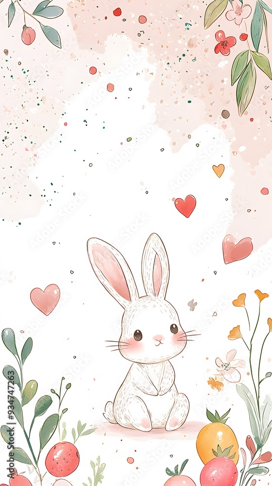 Cute Bunny with Flowers and Hearts Watercolor Illustration. Cute Bunny with Flowers and Hearts Watercolor Illustration.