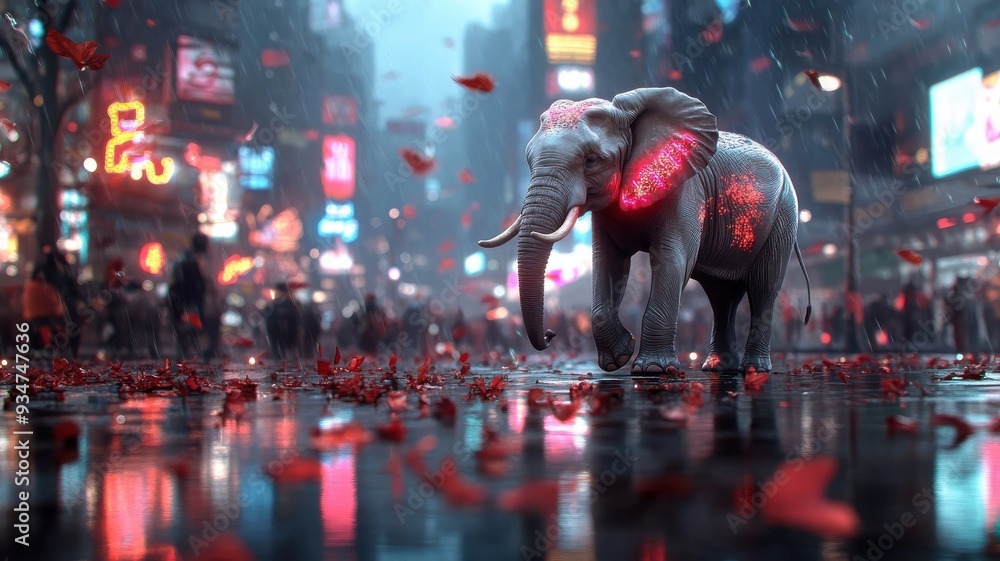 Elephant strolling through a city street lit by neon lights, with vibrant colors reflecting off its wet skin in a lively urban setting. Elephant strolling through a city street lit by neon lights, with vibrant colors reflecting off its wet skin in a lively urban setting.