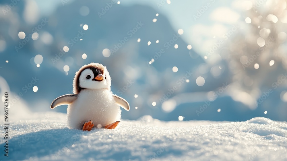 Obraz premium Charming penguin sliding across a snowy landscape, with snowflakes falling on its feathers and the wintery setting adding to the playful atmosphere.