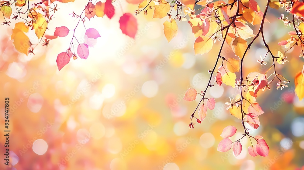 Golden Autumn Leaves with Sunlit Bokeh Background Golden Autumn Leaves with Sunlit Bokeh Background