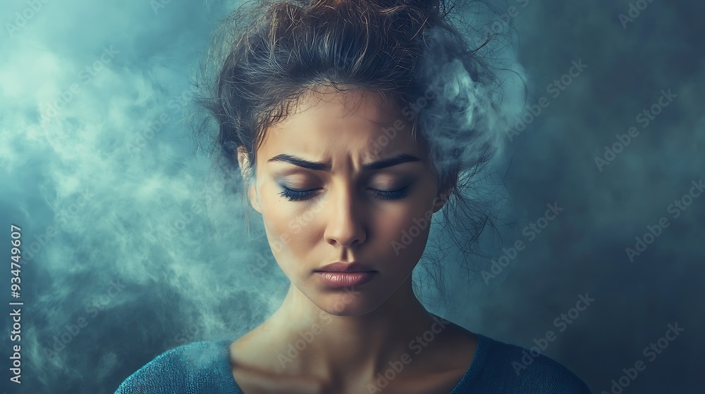 A sad woman with smoke surrounding her face, capturing feelings of despair and emotion. A sad woman with smoke surrounding her face, capturing feelings of despair and emotion.
