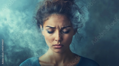 A sad woman with smoke surrounding her face, capturing feelings of despair and emotion.