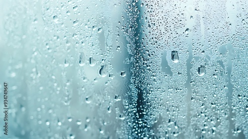 Abstract Water Droplets on Glass Surface Blue Background Macro Photography