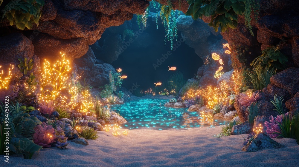 Subaquatic Wonderland: 3D Underwater Cave Illuminated by Bioluminescent 2D Creatures Subaquatic Wonderland: 3D Underwater Cave Illuminated by Bioluminescent 2D Creatures