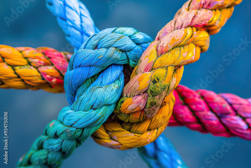 Taut rope knot against stark sky. [Dominant color: Blue]