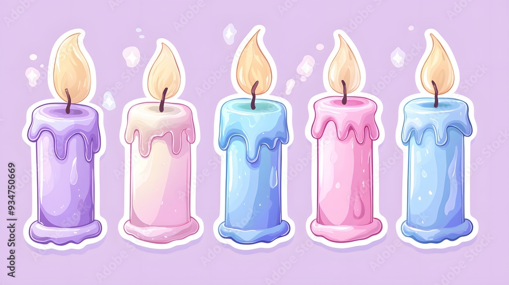 Set of five colorful cartoon candles with melting wax. Set of five colorful cartoon candles with melting wax.