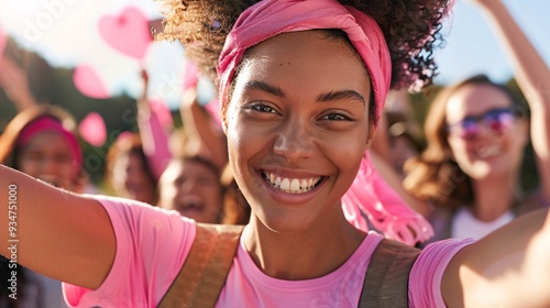 Group of happy young women in pink wear smiling and looking at camera. Breast cancer awareness concept.