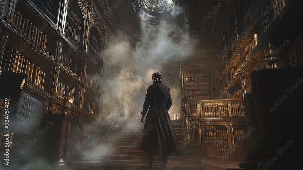 Contemplative Shadow: A Darkly Dressed Figure in a Grand Library - Perfect Poster for Mysterious Atmosphere in Sports Interiors or Fantasy-themed Spaces