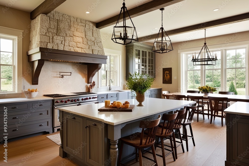 Sophisticated Farmhouse Kitchen Featuring Timeless Stone Cabinets and Spacious Dining Area Sophisticated Farmhouse Kitchen Featuring Timeless Stone Cabinets and Spacious Dining Area