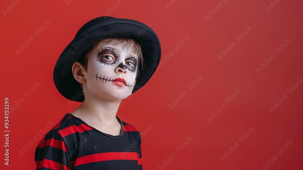 Close-up portrait of a child with sugar skull makeup. Dia de los muertos. Day of The Dead. Halloween. Close-up portrait of a child with sugar skull makeup. Dia de los muertos. Day of The Dead. Halloween.