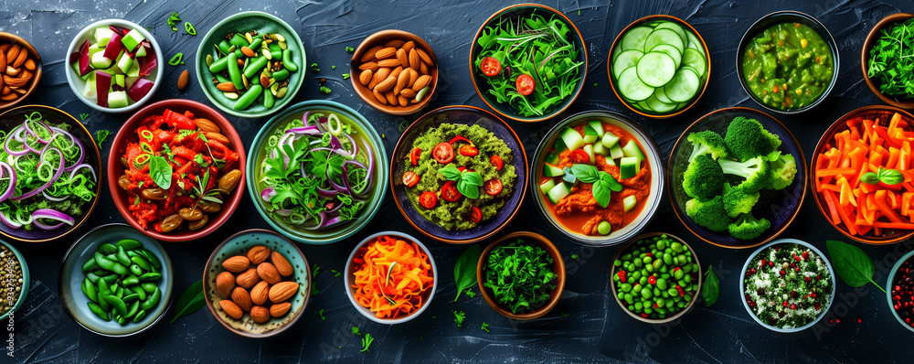 Fototapeta premium A row of bowls filled with various vegetables and nuts. The bowls are arranged in a line, with some bowls containing more vegetables than others. Scene is healthy and nutritious
