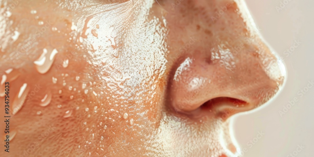 Fototapeta premium Close-up of an enlarged pore on oily skin with visible pores, skincare for challenging skin in natural sunlight.