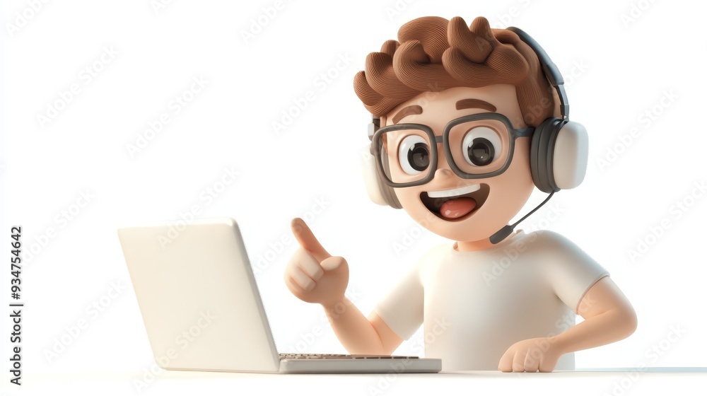 3D Cartoon Character Boy Using Laptop with Headset 3D Cartoon Character Boy Using Laptop with Headset