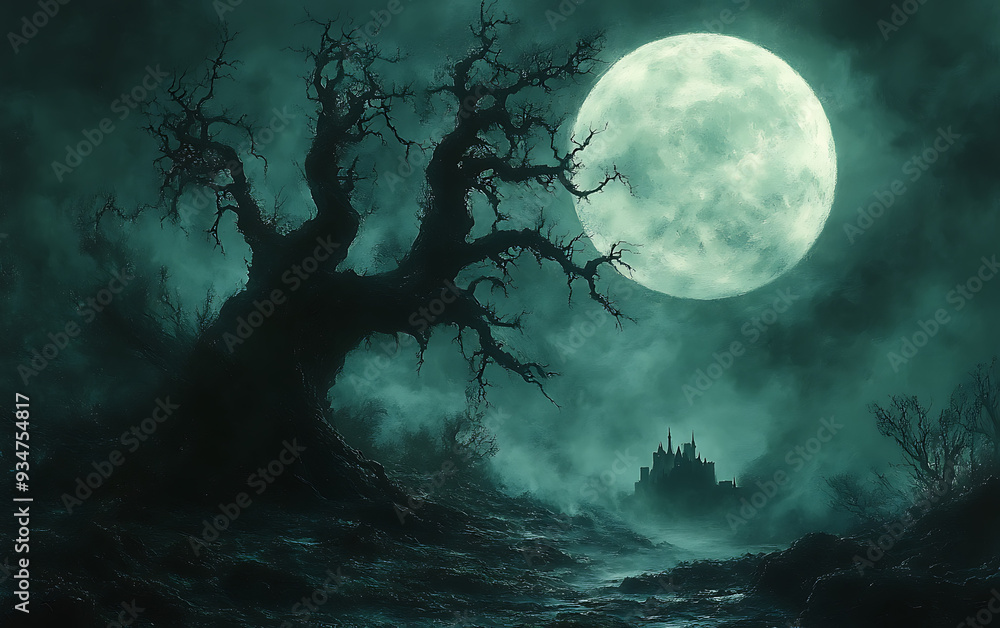 Fototapeta premium Hauntingly Serene Landscape: Twisted Trees and Spooky Castle Under Pale Moon