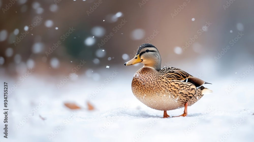 Unusual duck walking through a snowy landscape, with snowflakes falling on its feathers and the winter environment providing a rare contrast. Unusual duck walking through a snowy landscape, with snowflakes falling on its feathers and the winter environment providing a rare contrast.