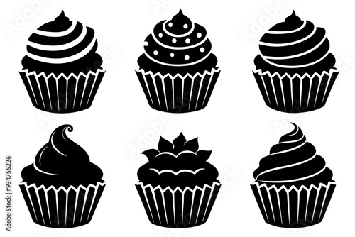 Set of black cupcakes icon, Collection of cupcake silhouette vector illustration