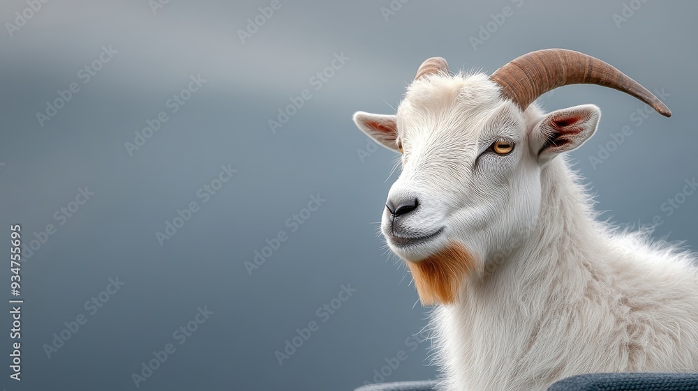 Obraz premium Goat posed against an isolated background, emphasizing sharp horns, textured fur, and confident stance in a simple, uncluttered setting.