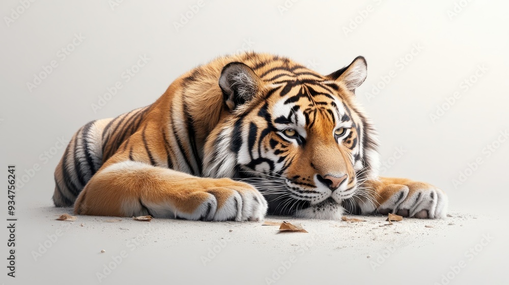 Obraz premium Tiger against an isolated background, with detailed stripes and form clearly displayed in a minimalistic setup.