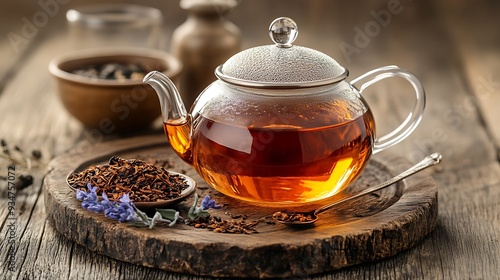 Aromatic herbal tea brewing in a glass teapot on a wooden tray, blending flavor with aesthetic appeal.