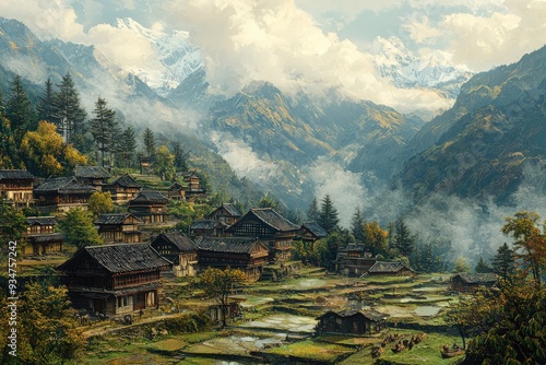 Wallpaper Mural Picturesque landscape of a traditional mountain village surrounded by lush green forests and majestic snow capped peaks Torontodigital.ca