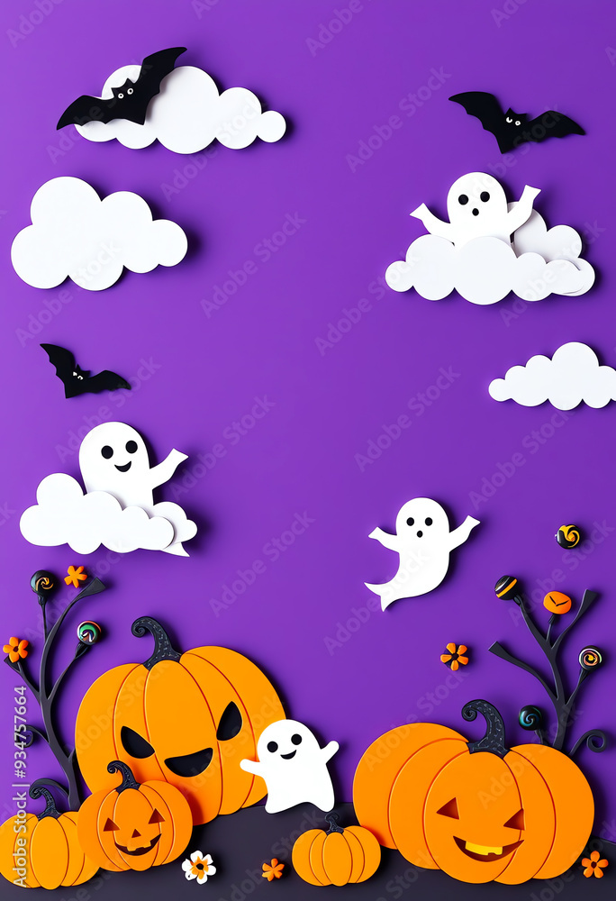 Halloween background for party invitation, greeting card, web banner or Sales with candies in night clouds, cutest pumpkins, bats, ghosts Halloween background for party invitation, greeting card, web banner or Sales with candies in night clouds, cutest pumpkins, bats, ghosts