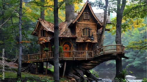 Charming treehouse nestled amongst towering trees in a misty forest, creating a magical and enchanting scene. The intricate wooden structure evokes a sense of wonder and escape. photo