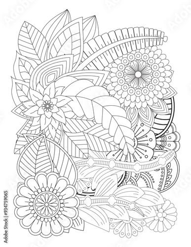 Floral picture in black and white for adult coloring books. Coloring page of monochrome flowers and leafs. Doodles pattern, Page for coloring book. Outline flowers. Doodles in black and white