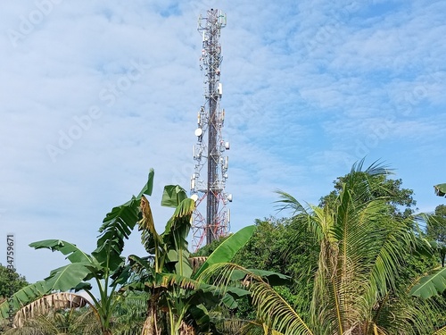 telecommunication tower for mobile service provider in rural area  close up in malaysia, 4G and 5G photo