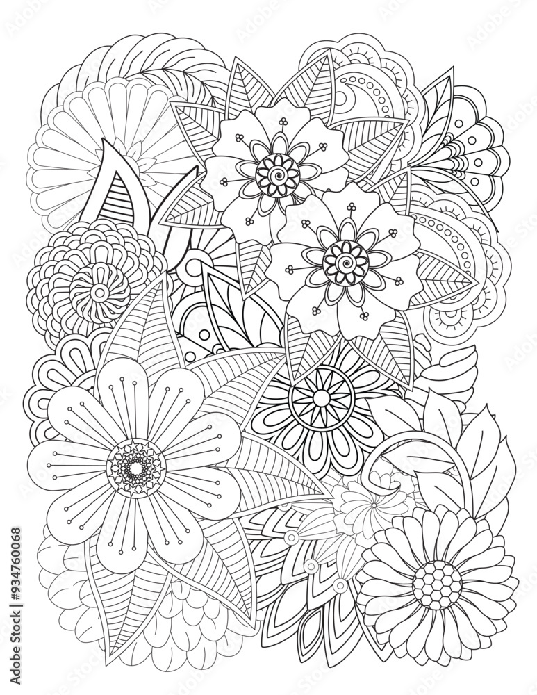 Fototapeta premium Floral picture in black and white for adult coloring books. Coloring page of monochrome flowers and leafs. Doodles pattern, Page for coloring book. Outline flowers. Doodles in black and white
