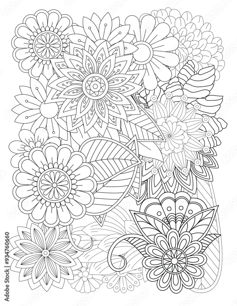 Fototapeta premium Floral picture in black and white for adult coloring books. Coloring page of monochrome flowers and leafs. Doodles pattern, Page for coloring book. Outline flowers. Doodles in black and white