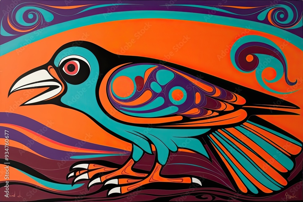 Vibrant Inuit Haida Folk Art Featuring Mythical Raven in Aqua Orange and Deep Purple Hues Vibrant Inuit Haida Folk Art Featuring Mythical Raven in Aqua Orange and Deep Purple Hues