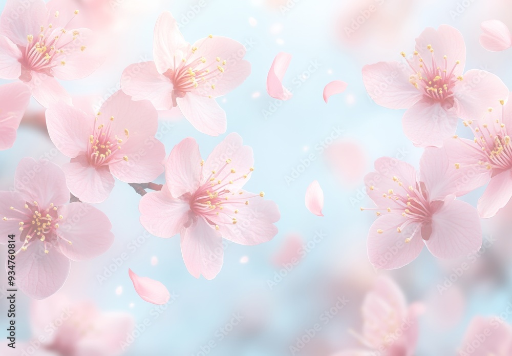 水色の背景に風に散る花びらが美しいピンクの桜 水色の背景に風に散る花びらが美しいピンクの桜