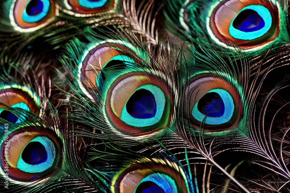 Fototapeta premium Stunning Close-Up of Peacock Feathers Highlighting Vibrant Colors and Majestic Patterns