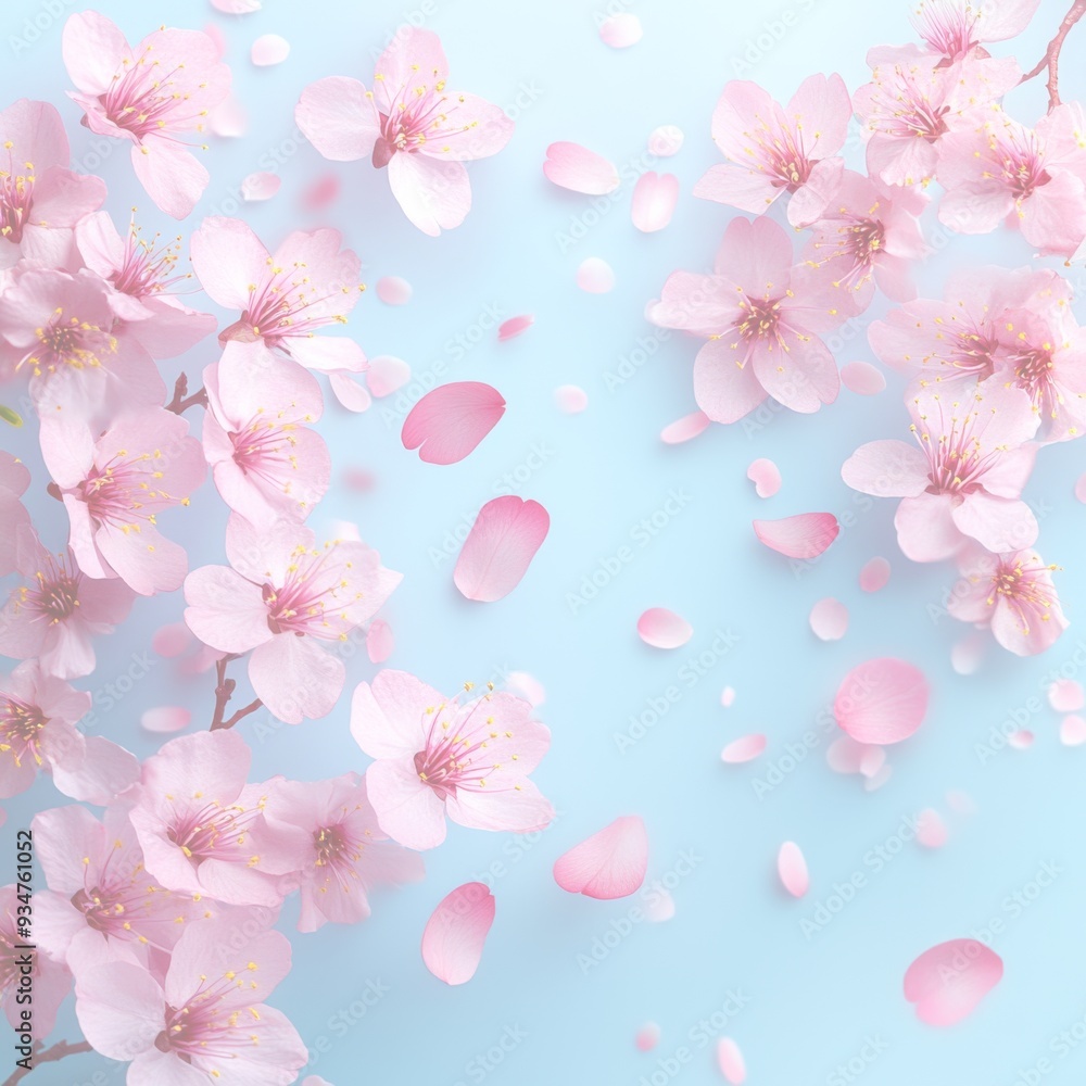 水色の背景に風に散る花びらが美しいピンクの桜 水色の背景に風に散る花びらが美しいピンクの桜