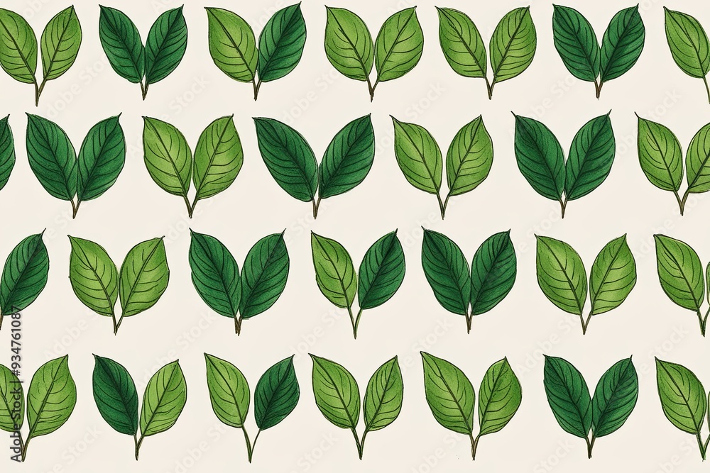 Hand Drawn Botanical Art Displaying Green Leaves in Organized Rows Hand Drawn Botanical Art Displaying Green Leaves in Organized Rows