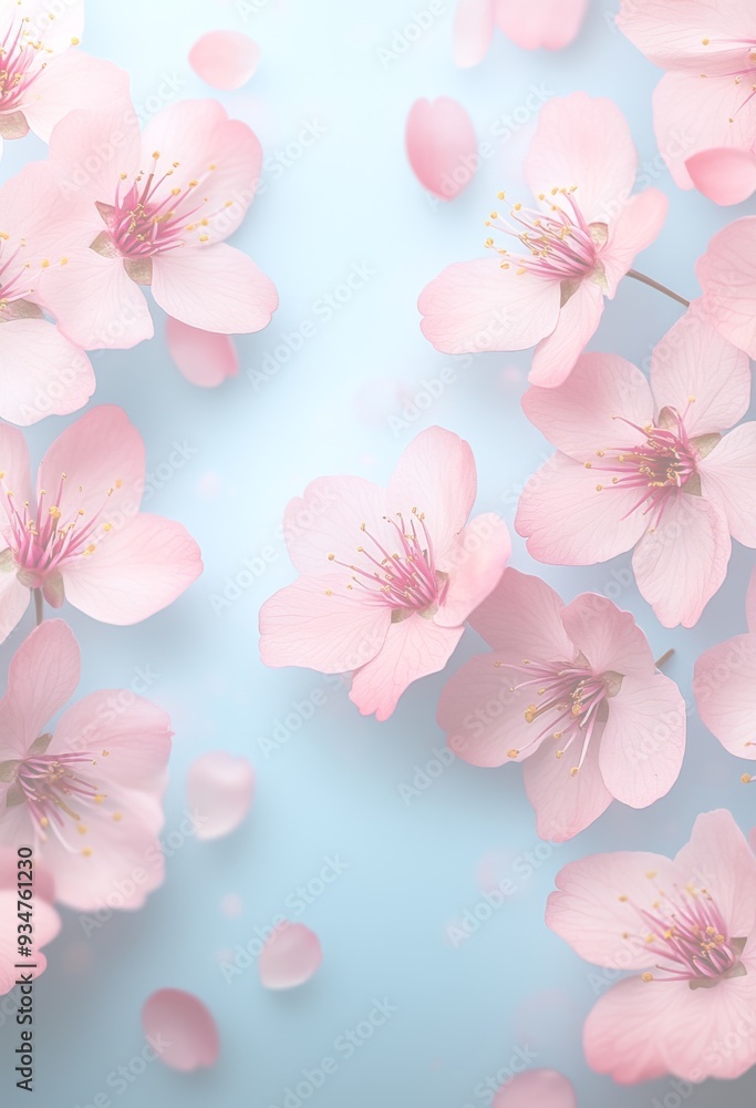水色の背景に風に散る花びらが美しいピンクの桜 水色の背景に風に散る花びらが美しいピンクの桜