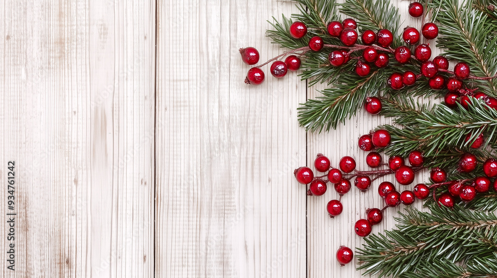 Festive Pine Branches and Red Berries on White Wood Background with Copy Space Festive Pine Branches and Red Berries on White Wood Background with Copy Space