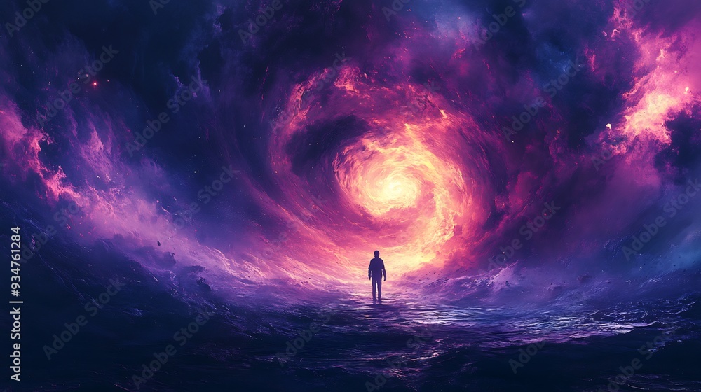 Unseen Storm abstract image of figure standing center of storm but storm invisible outside world figure surrounded swirling chaotic pattern of dark purple deep blue black representing inner turmoil Unseen Storm abstract image of figure standing center of storm but storm invisible outside world figure surrounded swirling chaotic pattern of dark purple deep blue black representing inner turmoil