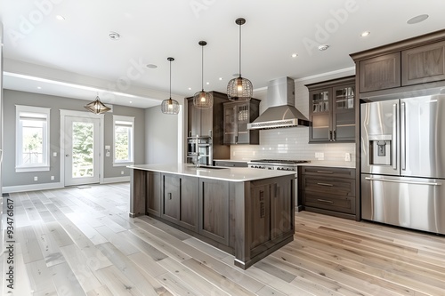 Kitchen in new luxury home with wooden floor. Northwest, USA - Generated AI