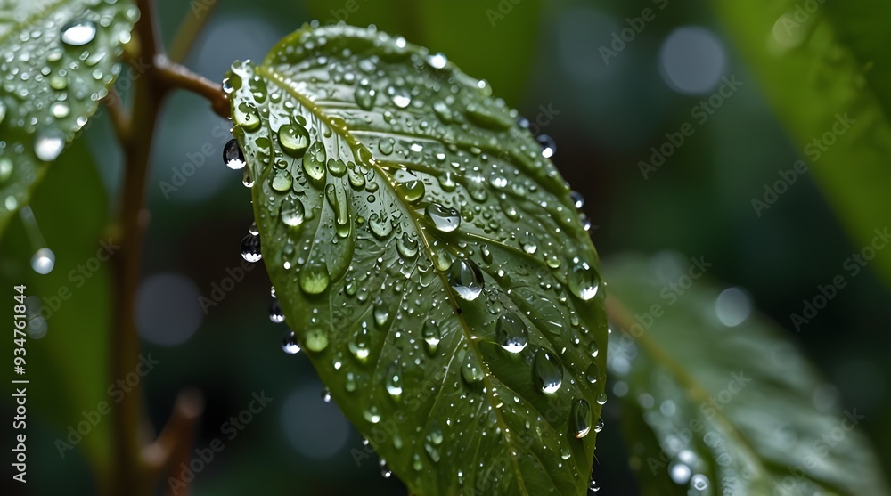 Large beautiful drops of transparent rain water on a green leaf macro.generative.ai Large beautiful drops of transparent rain water on a green leaf macro.generative.ai