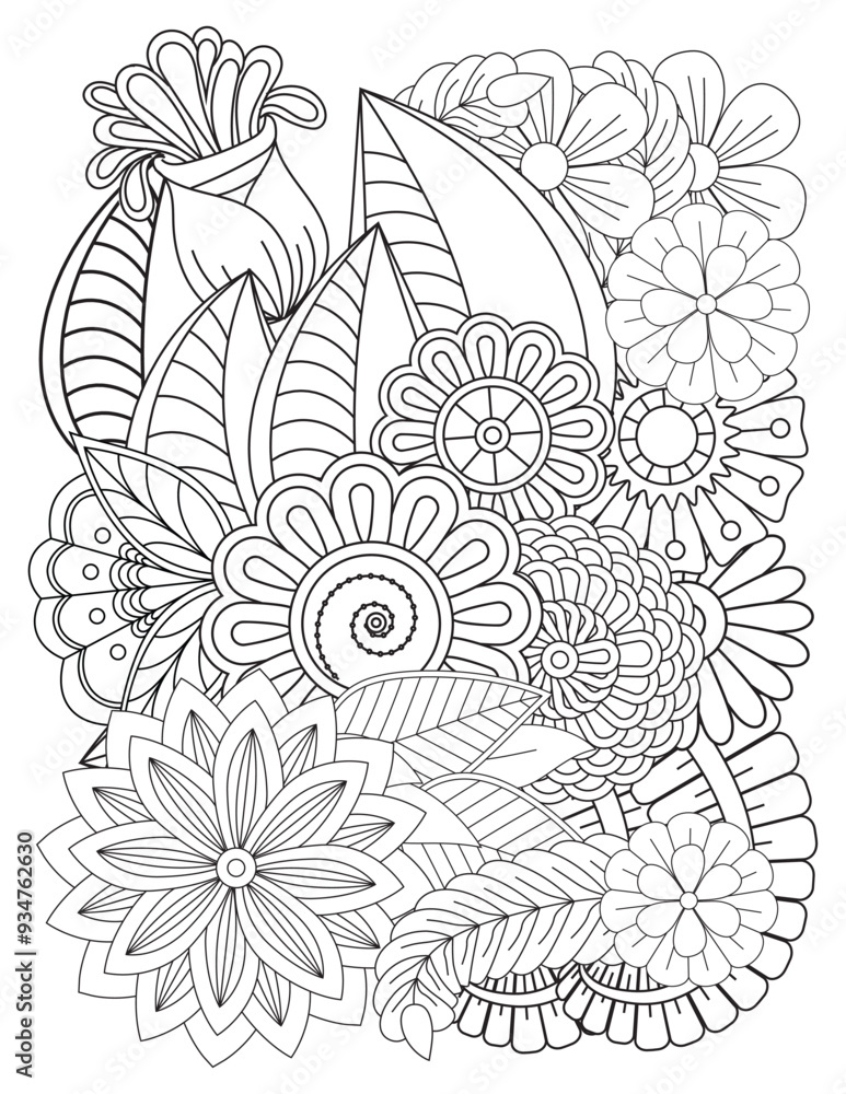 Fototapeta premium Floral picture in black and white for adult coloring books. Coloring page of monochrome flowers and leafs. Doodles pattern, Page for coloring book. Outline flowers. Doodles in black and white