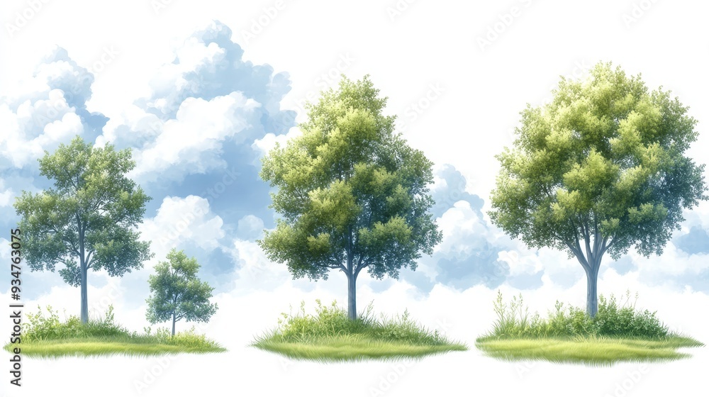 Three Trees with Grass and Cloudy Sky Isolated on White Background Three Trees with Grass and Cloudy Sky Isolated on White Background