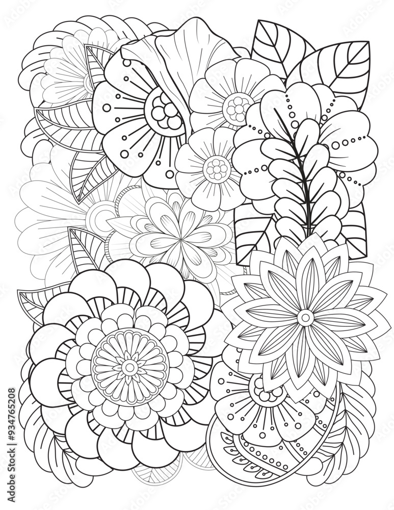 Fototapeta premium Floral picture in black and white for adult coloring books. Coloring page of monochrome flowers and leafs. Doodles pattern, Page for coloring book. Outline flowers. Doodles in black and white
