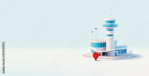 White airport building, red location icon, 3D. Banner for advertising a modern city airport, developed infrastructure, transportation, business, and travel. Vector